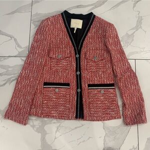 Maje Jacket Blazer Women Sz 38 US Medium Red Black Tweed Vivor V-Neck Bow